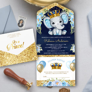 Invitation Tout En Un Joli Floral Prince Elephant Marine Baby shower ble