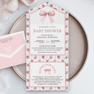 Invitation Tout En Un Joli Floral Rose Coquette Bow Baby shower