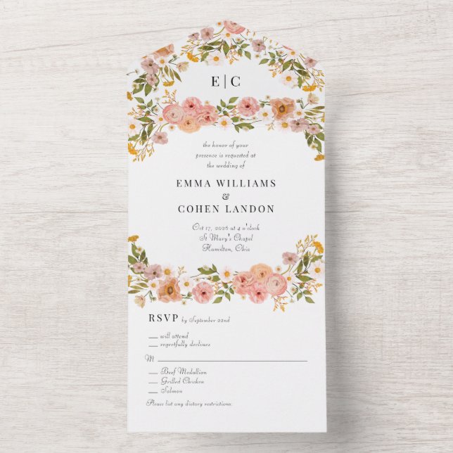 Invitation Tout En Un Joli mariage de jardin fleuri bohème (À l'intérieur)