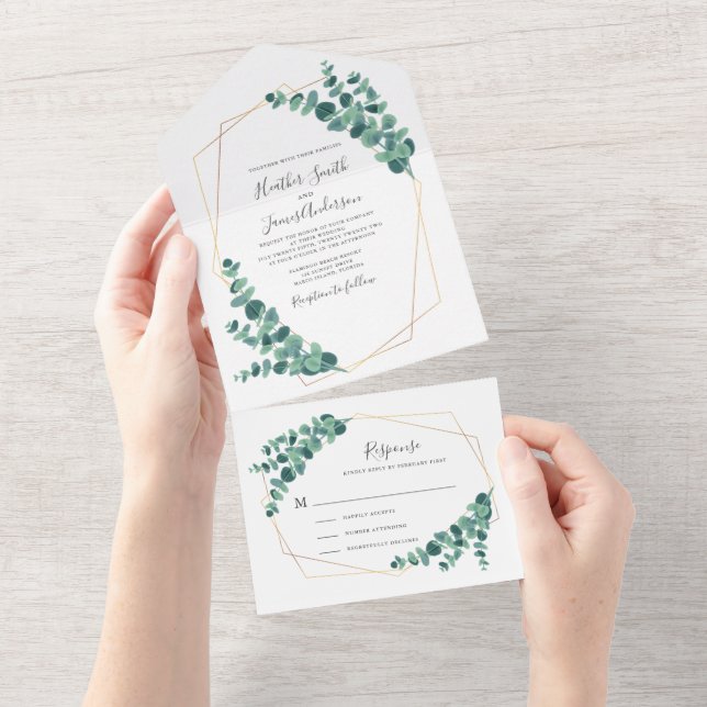 Invitation Tout En Un Joli Mariage géométrique de couronne Eucalyptus (Déchirure)