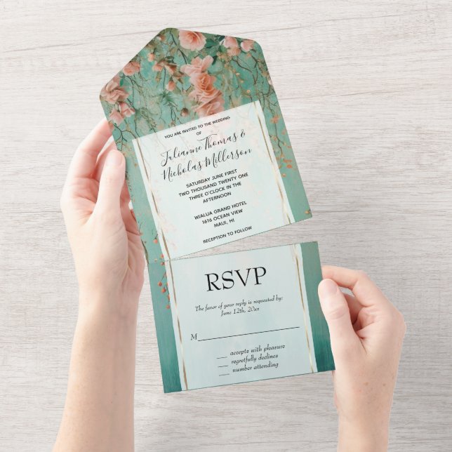 Invitation Tout En Un Joli Romantique Turquoise Blush Flowers Mariage (Déchirure)