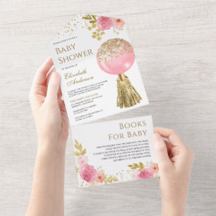 Invitation Tout En Un Jolie Baby Shower Fleurie avec Ballon Pailleté Ros