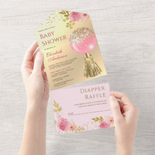 Invitation Tout En Un Jolie ballon floral rose Feuille d'or Baby Shower