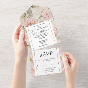 Invitation Tout En Un Jolie Crème Romantique Roses Rose Mariage Floral