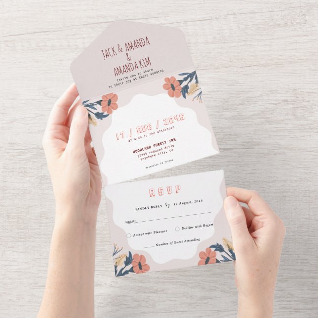 Invitation Tout En Un Joyeux Floral rose Mariage rétro tout en un RSVP (Déchirure)