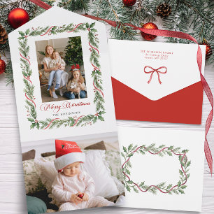 Invitation Tout En Un Joyeux Noël Élégant avec feuillage et ruban photo