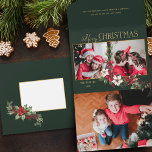 Invitation Tout En Un Joyeux Noël en 2 photos colorées Poinsettias<br><div class="desc">Design festif et coloré de vacances avec un deux modèle photo avec personnage or joyeux graphisme de Noël avec un spray de poinsettias de Noël traditionnel et saint sur un arrière - plan vert.</div>