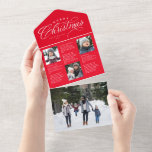 Invitation Tout En Un Joyeux Noël rouge famille mise à jour triples vaca<br><div class="desc">Donnez à la carte de vacances de la lettre d'information familiale annuelle une lueur élégante. Cette carte triplée de 4 photos peut être mise à jour sous un traitement de type élégant avec "Joyeux Noël" avec votre nom et votre année. La photo de fond peut être détachée de la carte...</div>