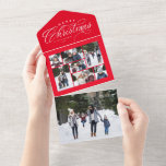 Invitation Tout En Un Joyeux Noël rouge photo collage unique vacances<br><div class="desc">Envoyez un de nos salutations de Noël avec ce carte photo de vacances unique. Doté d'un élégant traitement de type disant "Joyeux Noël" avec un collage de sept photos, ce design comporte également une section détachable avec une seule photo. Inclure une mise à jour de famille au dos. Mais surtout,...</div>