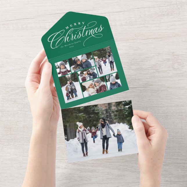Invitation Tout En Un Joyeux Noël vert photo collage unique tripli (Déchirure)
