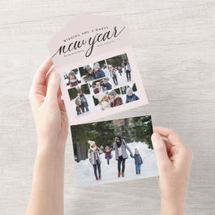 Invitation Tout En Un Joyeux Nouvel An rose collage photo triplé vacance