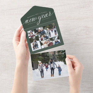 Invitation Tout En Un Joyeux Nouvel An vert photo collage triplé vacance