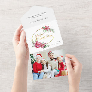 Invitation Tout En Un Joyeux texte de Noël or avec Poinsettias et Pine