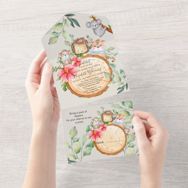 Invitation Tout En Un Jungle Bébé Animaux Douche Verdure Safari (Déchirure)