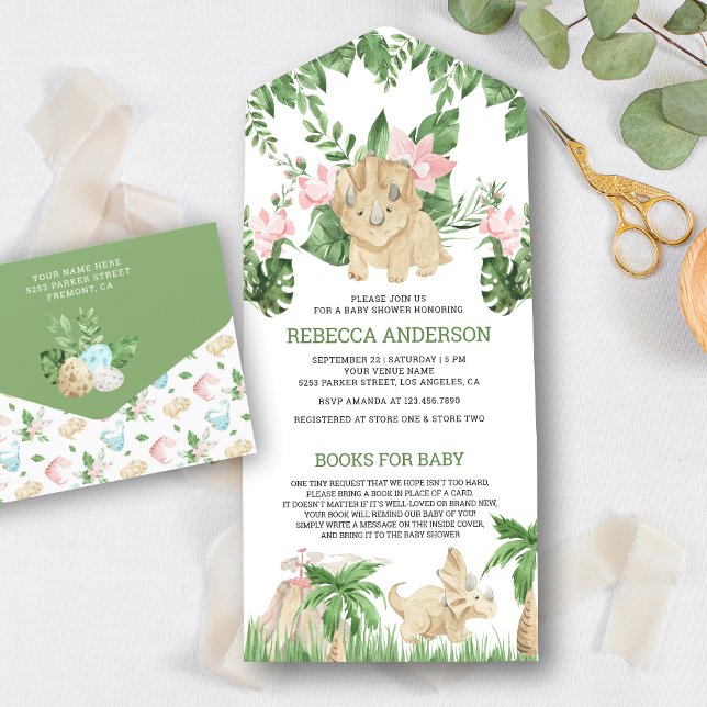 Invitation Tout En Un Jungle Rustique Cute Floral Dinosaur Baby shower (Créateur téléchargé)