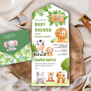 Invitation Tout En Un Jungle Safari mignonne Animaux sauvages Baby showe