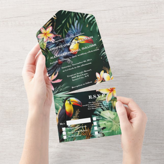 Invitation Tout En Un Jungle toucan aquarelle frangipani monstère (Déchirure)