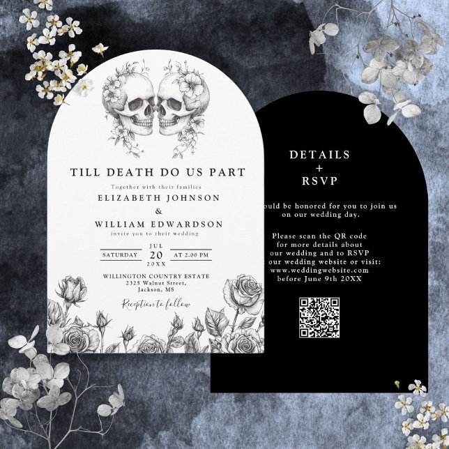 Invitation Tout en un jusqu'à la mort crâne gothique QR Code  (All In One Till Death Gothic Skull QR Code Wedding Invitation)