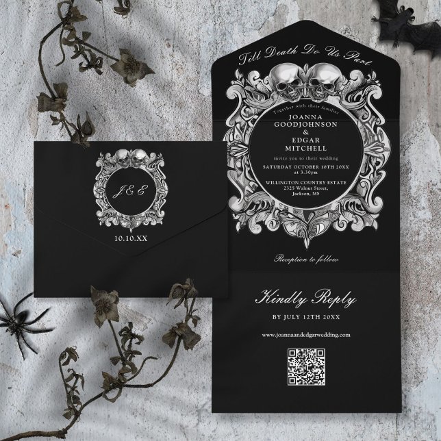 Invitation Tout En Un Jusqu'à la mort Gothique Crânes Code QR Mariage (Till Death Gothic Skulls QR Code Wedding All In One Invitation)