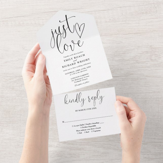 Invitation Tout En Un Just Love Élégant Mariage Noir et Blanc (Déchirure)