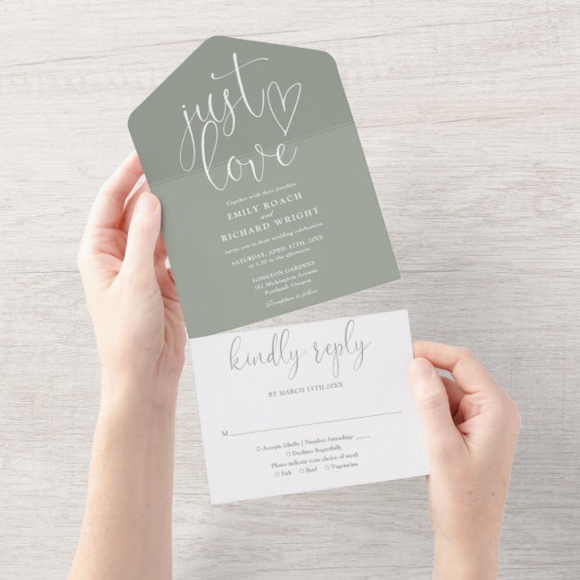 Invitation Tout En Un Just Love Elegant Script Sage Green Mariage (Déchirure)