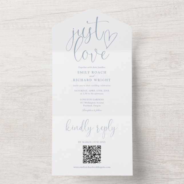 Invitation Tout En Un Just Love Modern Code QR Dusty Blue Mariage (À l'intérieur)