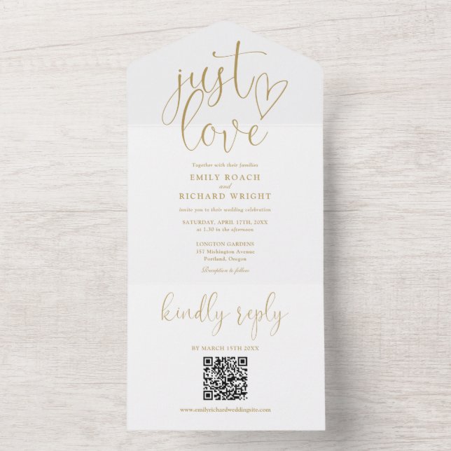 Invitation Tout En Un Just Love Modern QR Code Chic Gold Mariage (À l'intérieur)