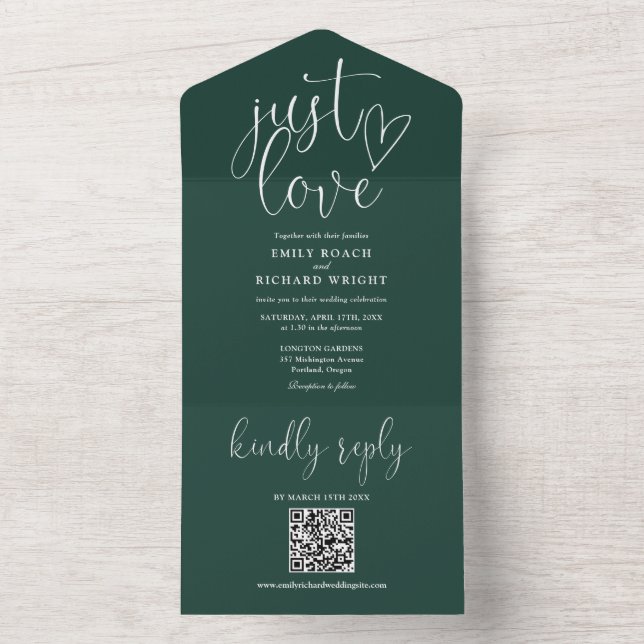 Invitation Tout En Un Just Love Modern QR Code Emerald Green Mariage (À l'intérieur)