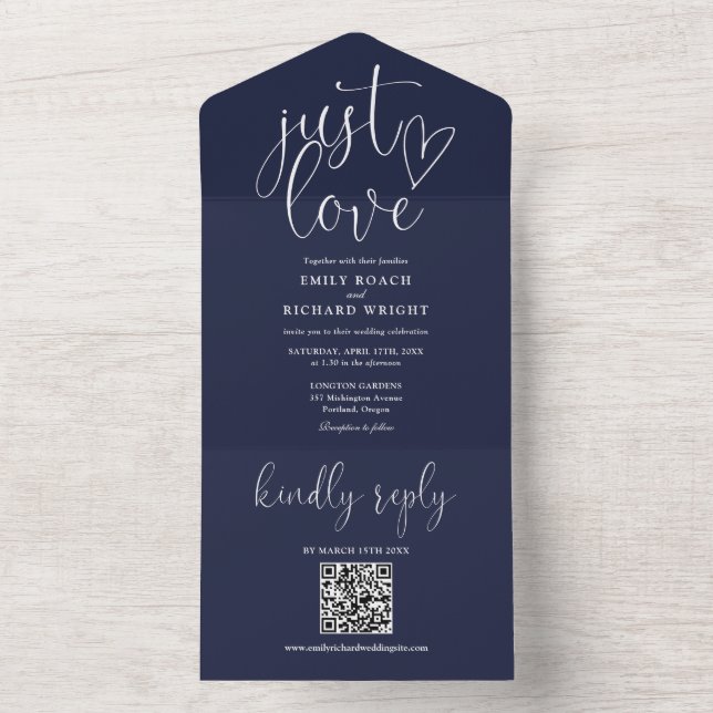 Invitation Tout En Un Just Love Modern QR Code Mariage bleu marine (À l'intérieur)