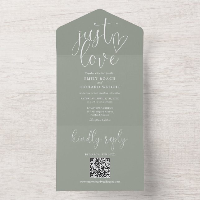 Invitation Tout En Un Just Love Modern QR Code Sage Mariage vert (À l'intérieur)