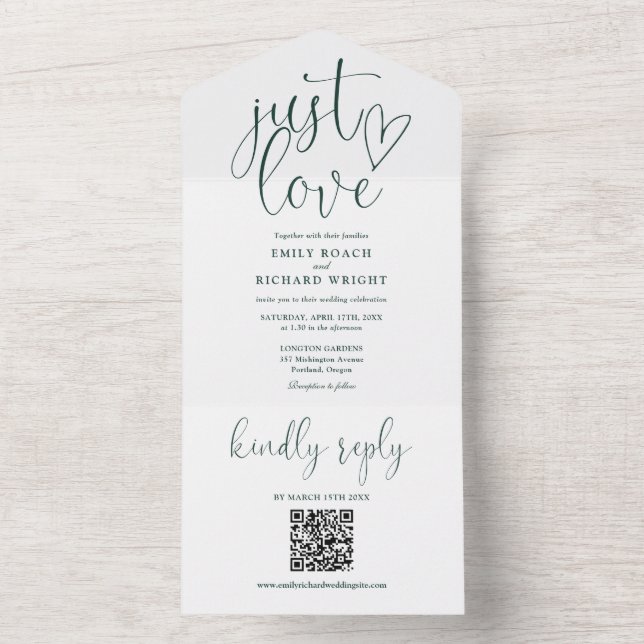 Invitation Tout En Un Just Love Moderne Code QR Vert Émeraude Mariage (À l'intérieur)