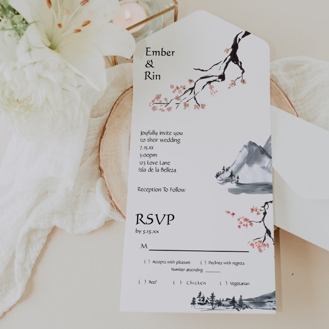 Invitation Tout En Un La montagne Sakura | RSVP Décontracté (Créateur téléchargé)