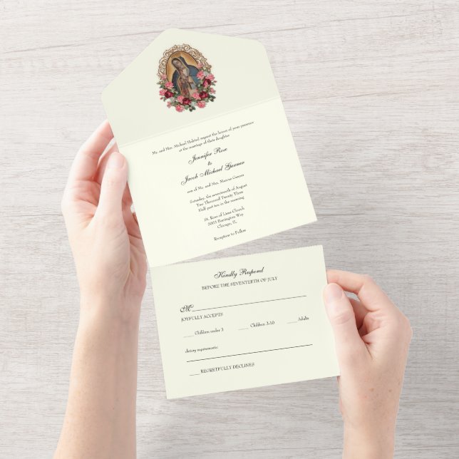 Invitation Tout En Un Lady of Guadalupe Roses Catholic Floral Wedding  (Déchirure)