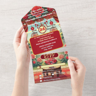Invitation Tout En Un Lanterne Florale Rouge Chinoise Ancien Rideau Rose