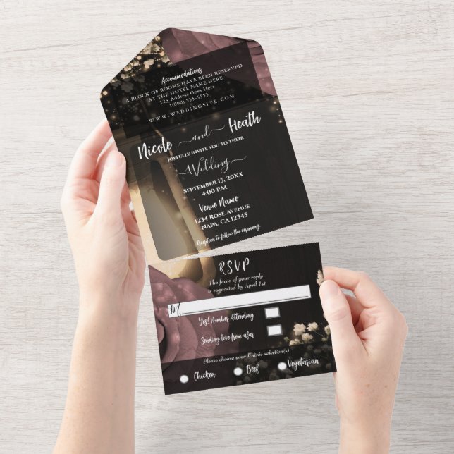 Invitation Tout En Un Lanterne russe Dusty rose mauve Mariage Rose (Déchirure)