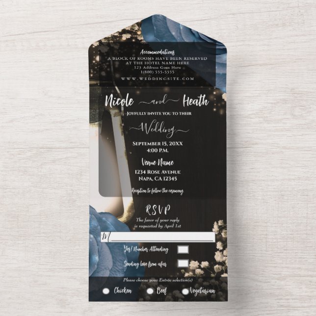 Invitation Tout En Un Lanterne rustique et Rose bleu poussiéreux + RSVP (À l'intérieur)