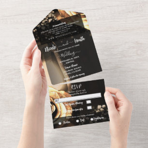 Invitation Tout En Un Lanterne Rustique & Roses Dorées Vintage de Mariag