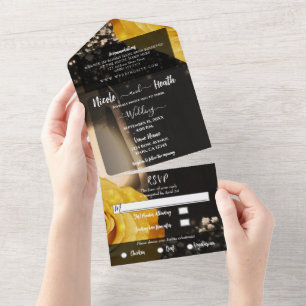 Invitation Tout En Un Lanterne Rustique & Roses Jaunes Mariage + RSVP