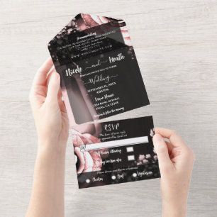 Invitation Tout En Un Lanterne Rustique & Roses Rose Thé Mariage + RSVP