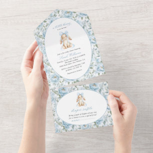Invitation Tout En Un Lapin Mignon, Nœud Bleu, Fleurs Bleues, Baby Showe