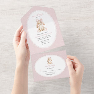 Invitation Tout En Un Lapin, Nœud Rose, Points Roses, Premier Anniversai