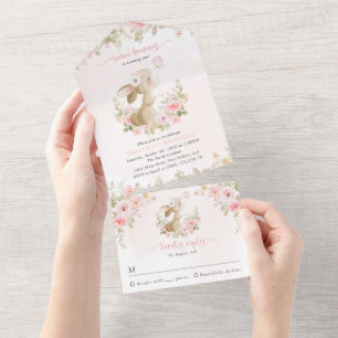 Invitation Tout En Un Lapin, Papillon, Fleurs Roses, Premier Anniversair