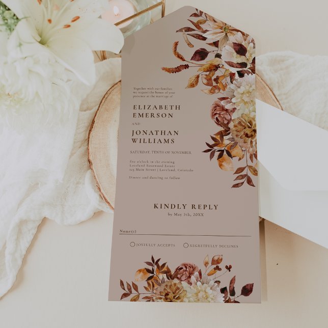 Invitation Tout En Un L'Automne Laisse Le Mariage Tout En Un (Elegant Fall Leaves Wedding All In One Invitation by Painted Paperie
)