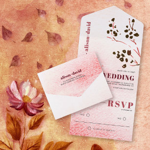 Invitation Tout En Un Lavage d'aquarelle et branche mariage japonais