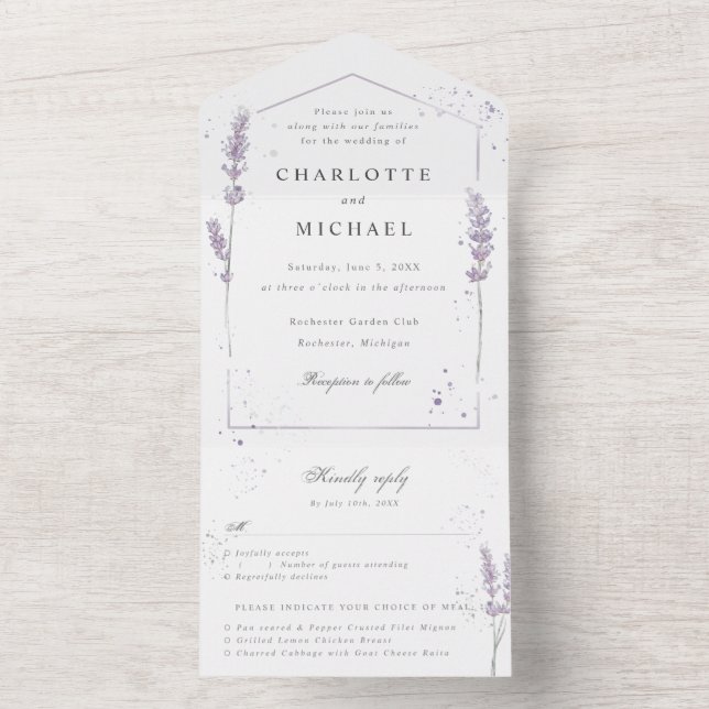 Invitation Tout En Un lavande aquarelle mariage rsvp (À l'intérieur)