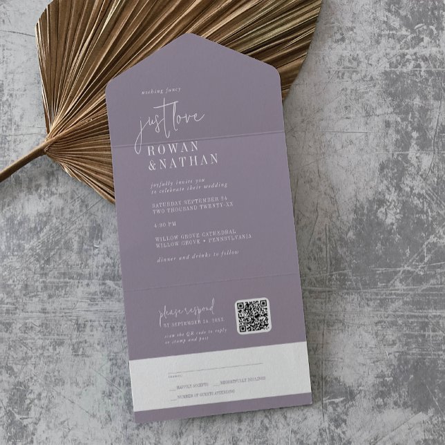 Invitation Tout En Un Lavande Chic Moderne Juste Aimer QR Code Mariage (Créateur téléchargé)