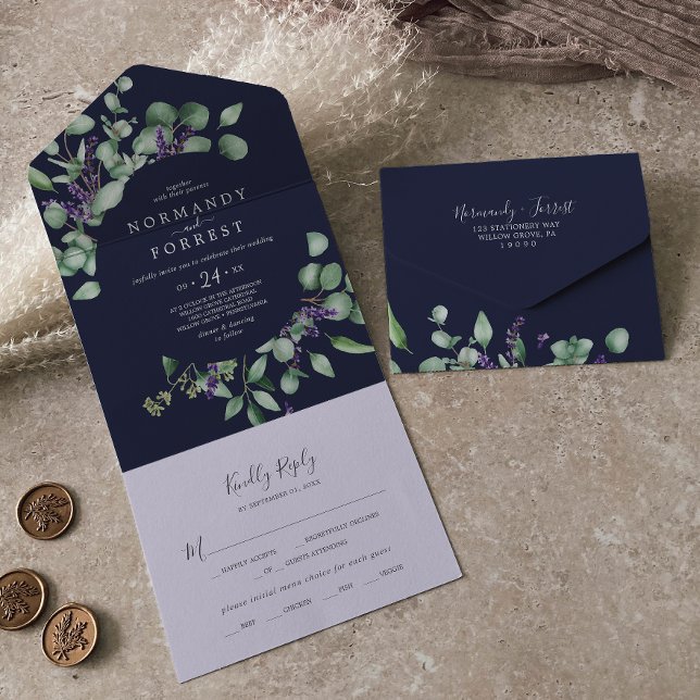 Invitation Tout En Un Lavande rustique et Eucalyptus | Mariage bleu mari (Créateur téléchargé)