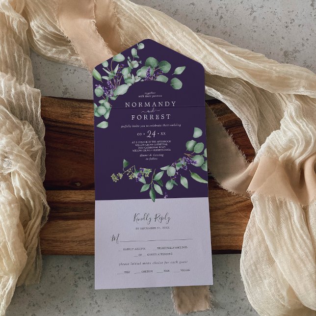 Invitation Tout En Un Lavande rustique et Eucalyptus | Mariage violet (Créateur téléchargé)