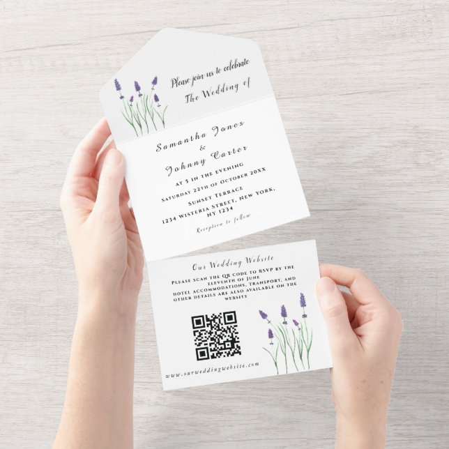 Invitation Tout En Un Lavande Rustique Floral Aquarelle QR Code Mariage (Déchirure)