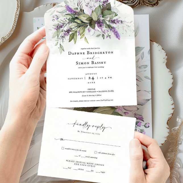 Invitation Tout En Un Lavender Green Script Tout en un mariage Inviter (Créateur téléchargé)